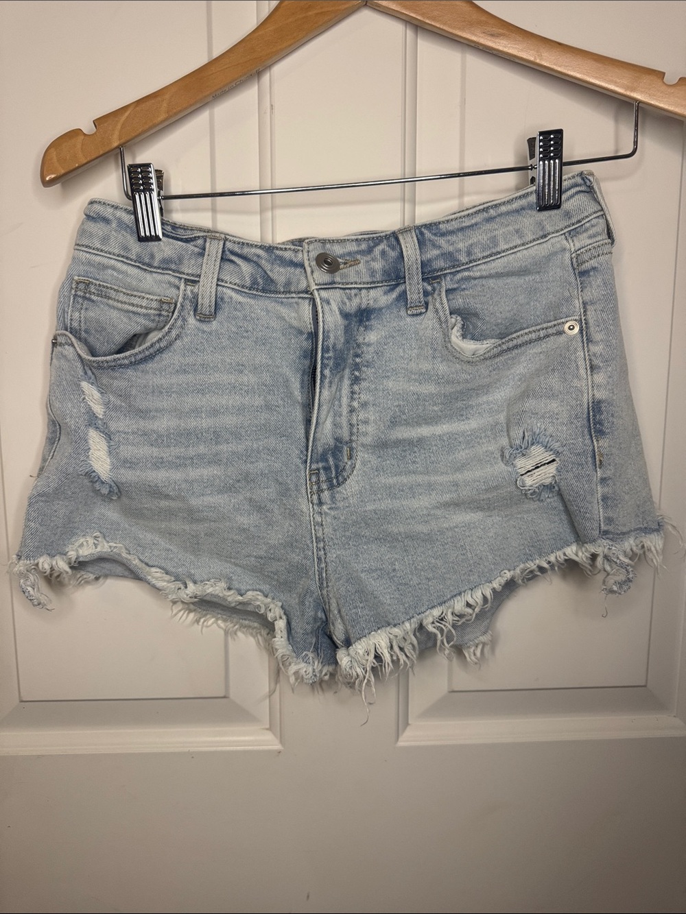 Light Blue Distressed Denim Jean Shorts - Women's Frayed Hem